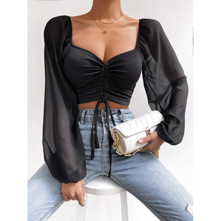 Summer New V-neck Chiffon Top Drawstring Lantern Sleeve Tight Fashion Sexy Shirt Top