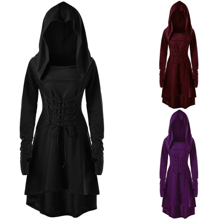 Popular Solid Color Festival Performance Dress Long Sleeve Hooded Strap Dress Theme Party Dresses
