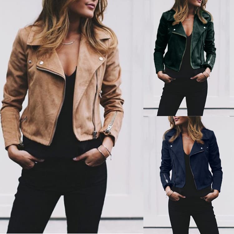 New Solid Color Jacket Flip Collar Slanted Zipper Short Jacket