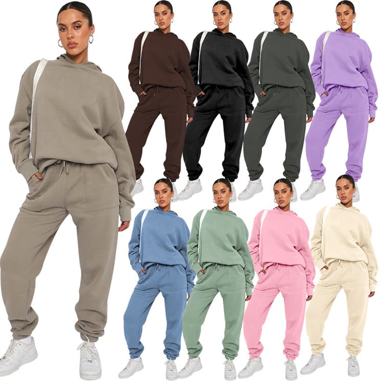 Autumn & Winter New Solid Color Hooded Long Sleeve Sweatshirt Set Women Fashion Jogging Clothes Casual Long Pants Set