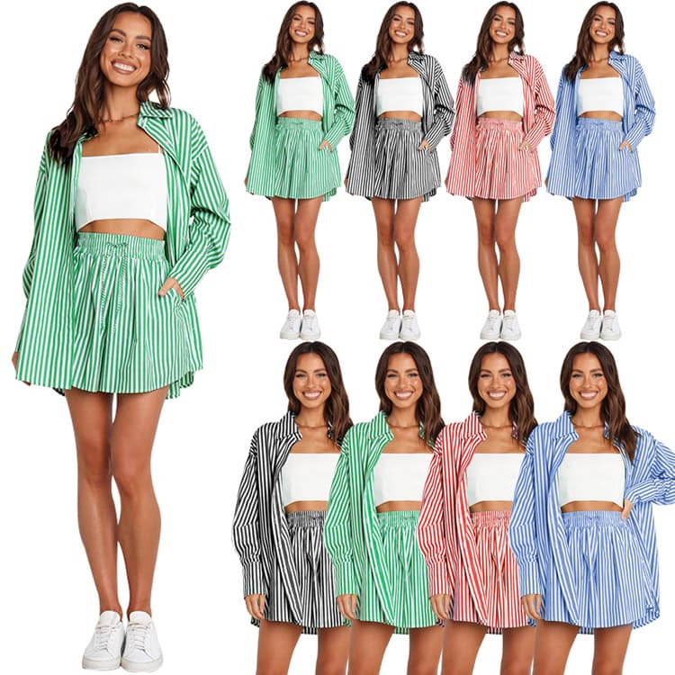 New Commuter Casual Pants Set Fashion Women Striped Shirt Set Long Sleeve Split Casual Two Piece Set