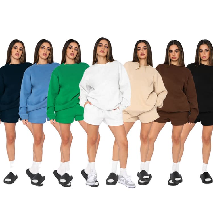 Autumn & Winter Solid Color Round Neck Pullover Long Sleeve Sweatshirt Jogging Set Fashion Casual Shorts Set