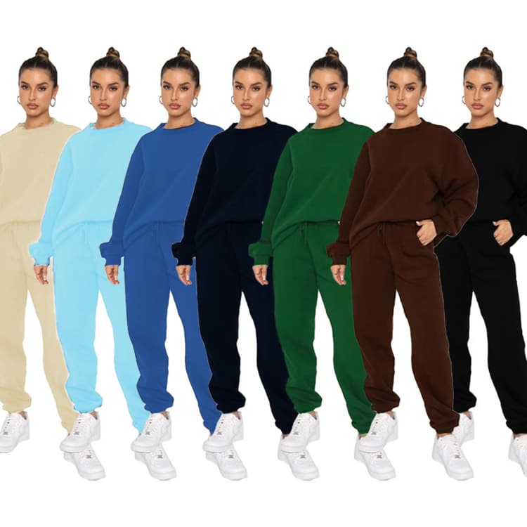 Autumn Winter Solid Color Thick Jogging Suit Round Neck Pullover Long Sleeved Sweatshirt Set Casual Women Set