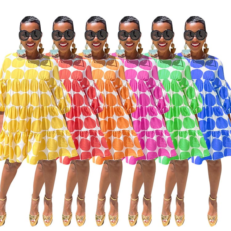 Summer New Women Dresses Fashion Fresh Big Dot Printed Dresses Loose Round Neck Medium Sleeve Pleated Dresses