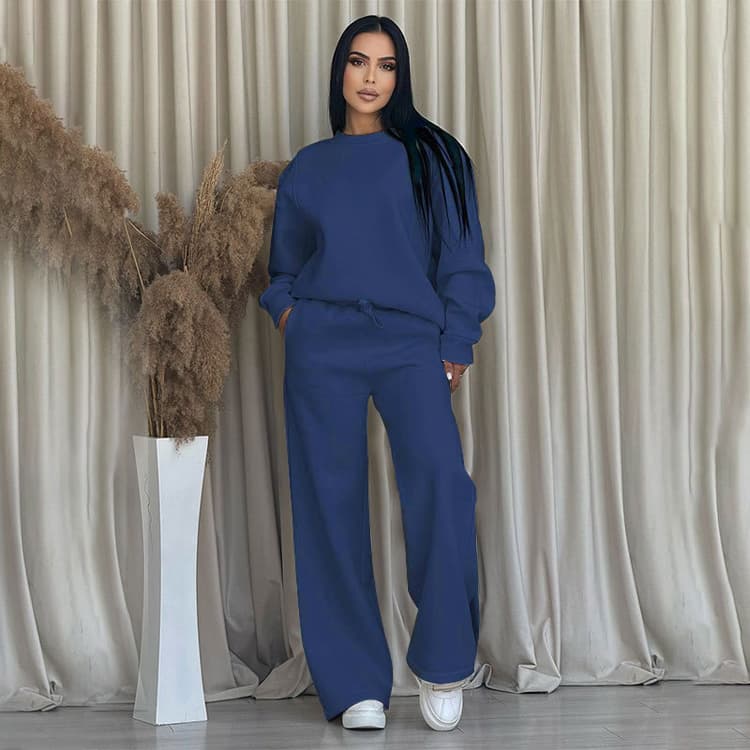 Autumn Winter New Solid Color Hoodie Set Round Neck Long Sleeved Loose Jogging Suit Casual Wide Leg Pants Set