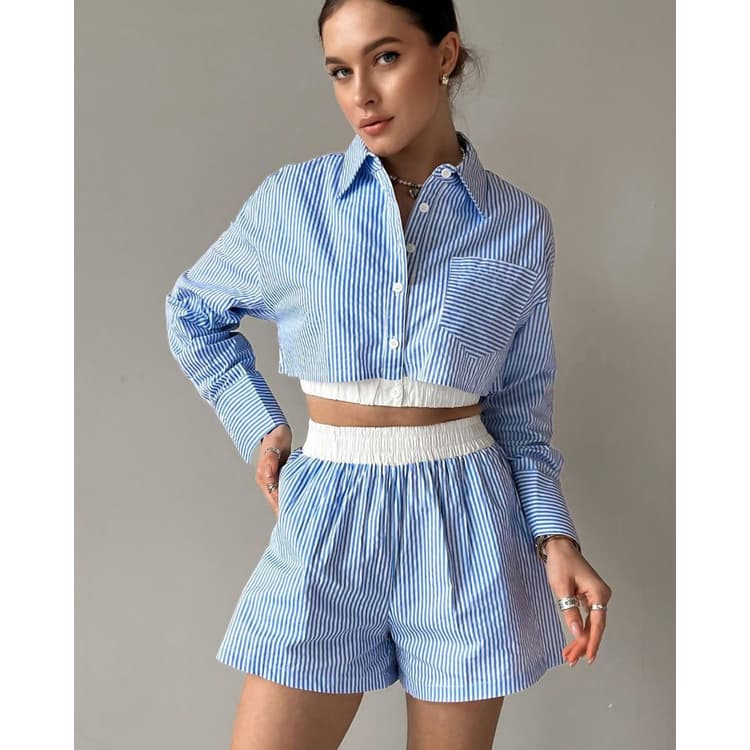 Summer New Striped Shirt Long Sleeve Suit Casual Elastic Waist Shorts Set