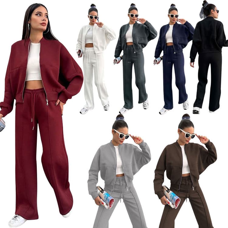 Autumn Winter New Solid Color Jogging Suit Padded Zipper Casual Suit Cardigan Straight Pants Suit