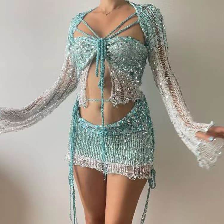 Customized Knitted Set Sparkling Bead Knitted Sweater Vacation Beach Set Women