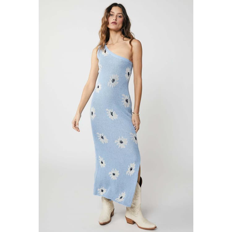 New Slanted Shoulder Sleeveless White Floral Dresses Sexy Slit Knitted Dress Blue Knit Dresses