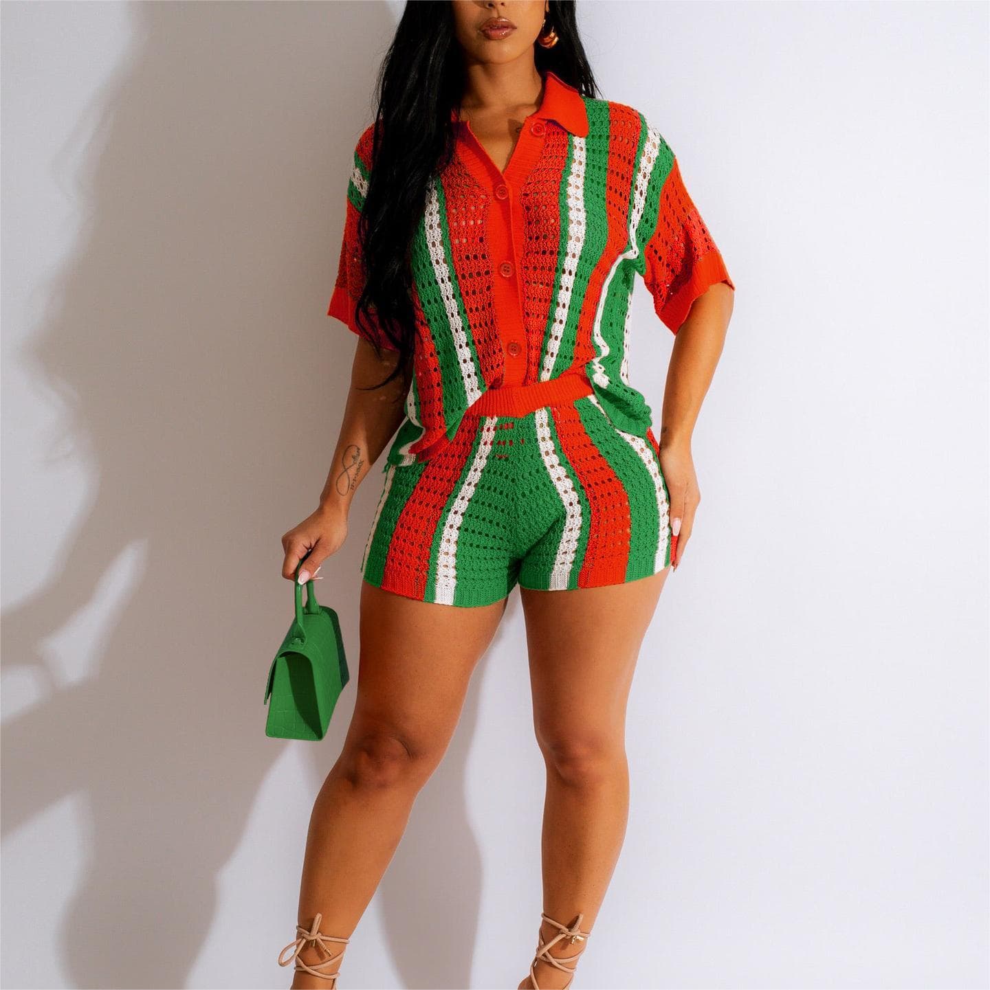 V Neck Hollow Striped Shirt Lapel Knitted Shorts Suit Loose Sexy Women Short Sleeves Set
