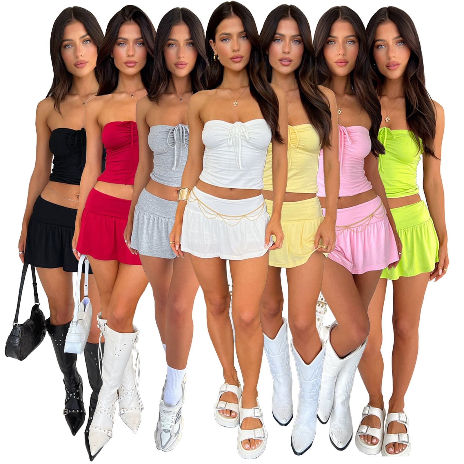 Sexy Pleated Drawstring Tube Top Wholesale Fashion Casual Women Suits Manufacturer Women A-line Skirt Suit Factory Directly