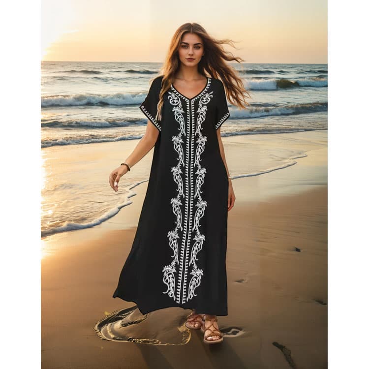 Rayon beach cardigan wholesale V neck split maxi dress custom logo Embroidered bikini top factory directly