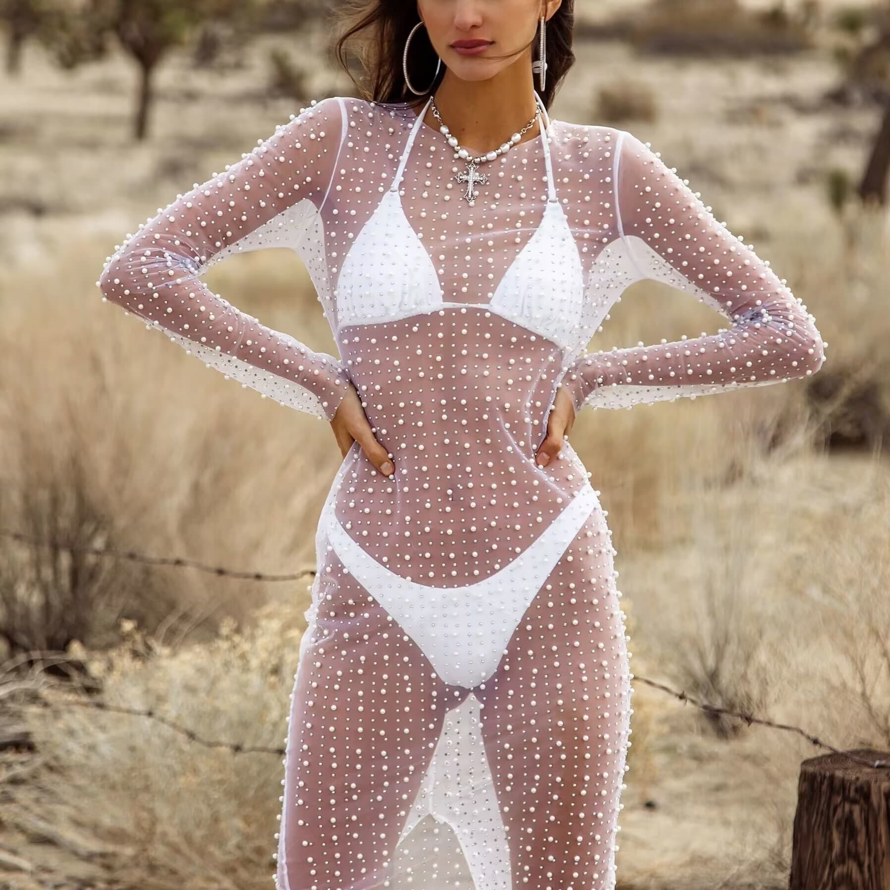 Fashionable Sexy Beaded Blouse Bodyshape Mesh Hot Diamonds Dress Long Sleeve Crewneck Cover up Factory