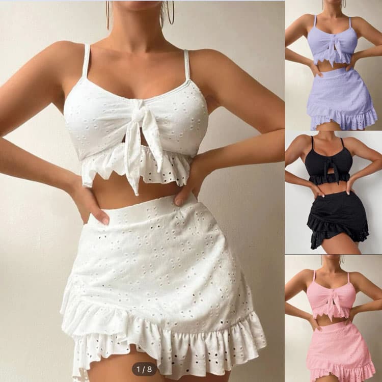 Wholesale New Three Piece Bikini Set Solid Color Swimwear Beach Skirt Girls Swimwear