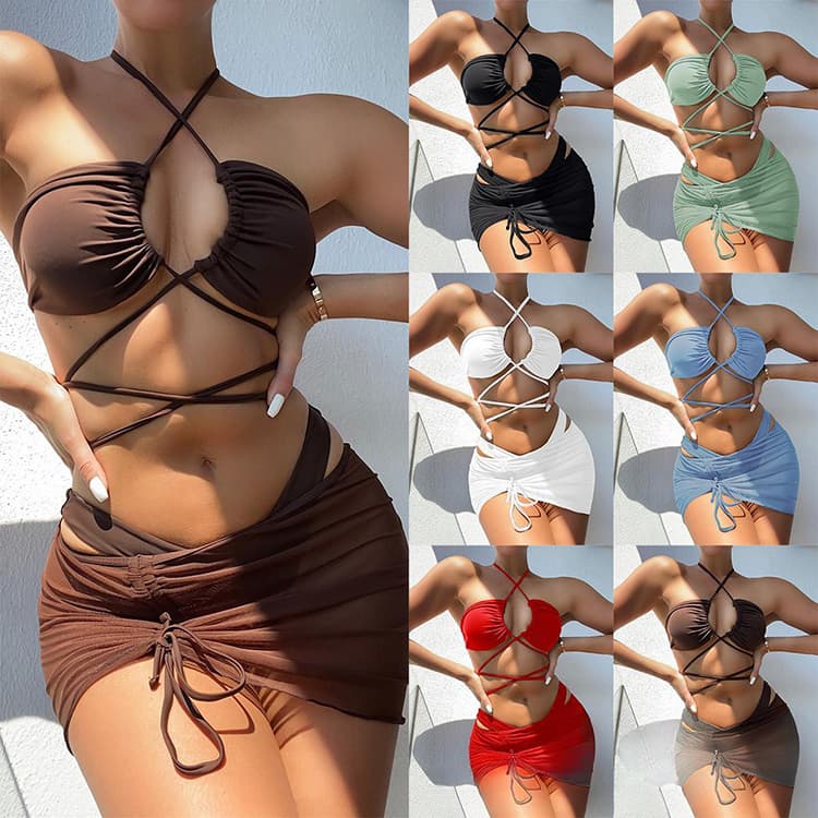 New Style Three Piece Swimsuit Sexy Women Plain Color 3 Piece Bikini Swimwear