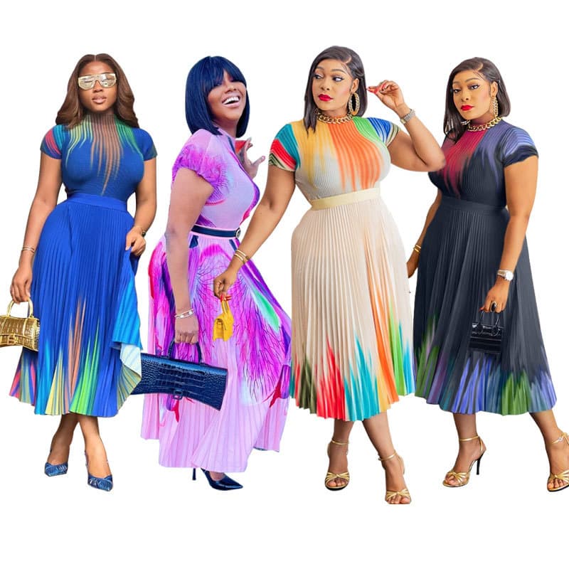 Large Size Loose Dress Wholesale Designer Printed Long Skirt Manufacturer Short Sleeve Pleated Skirt Factory Directly
