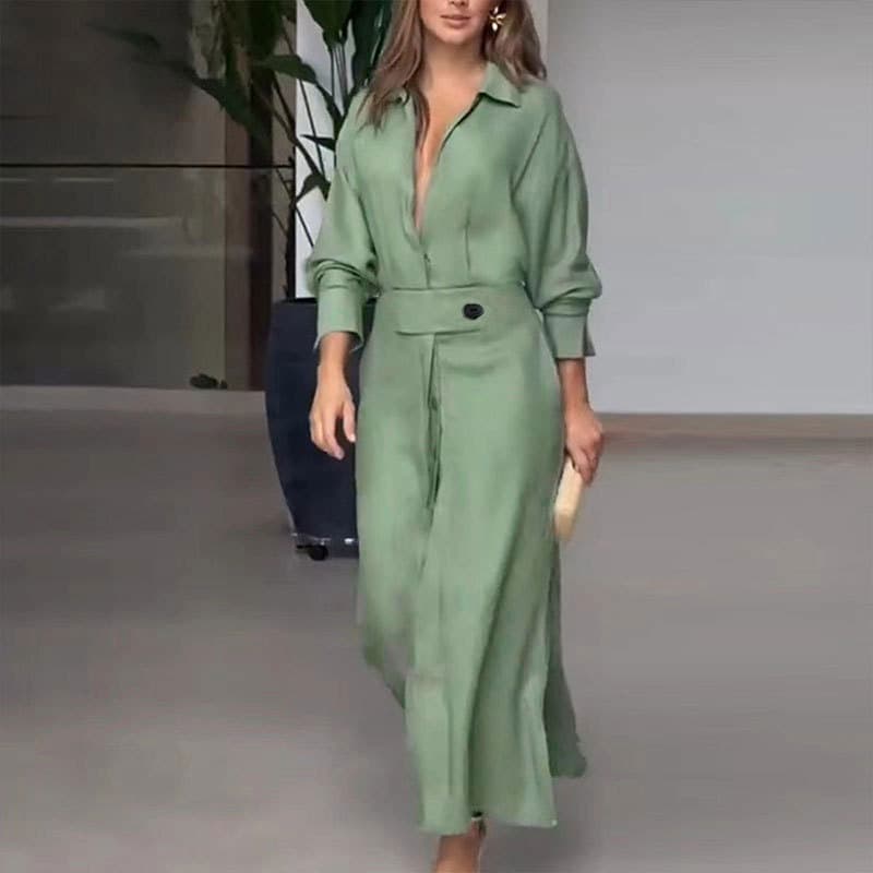 S-3XL Solid Color Waist Dress Wholesale Lace up Long Dress Manufacturer Long Sleeved Shirt Dress Factory Directly