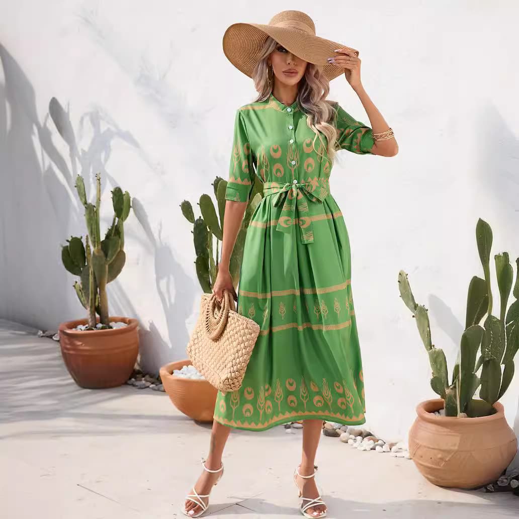 Belted Waist Dress Wholesale Printed Casual Dress Manufacturer Lapel Long Dress Factory Directly