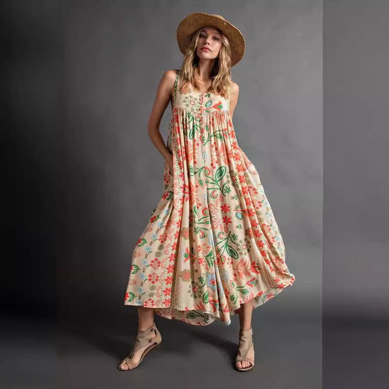 S-5XL Sleeveless Culottes Wholesale Button Vest Culottes Manufacturer Vintage Print Skirt Factory Directly