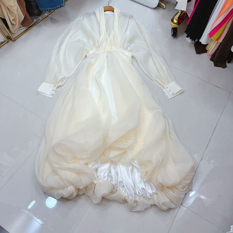 Wenshuo Mesh Lantern Sleeve Dress Wholesale Solid Color Fashion Dress Custom logo Simple Evening Dress Factory Direct