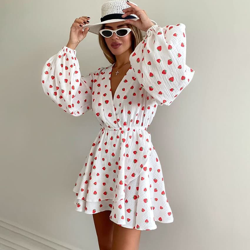 Pure Cotton Nightdress Manufacturer Strawberry Print Soft Nightgown V Neck Pleated Skirt Factory Directly