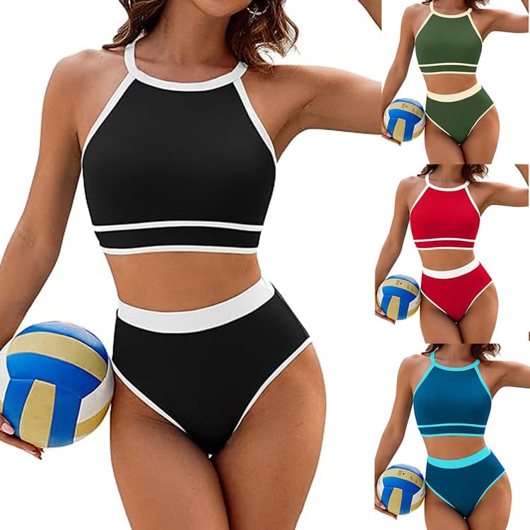 New Women Fitness Swimwear High Waist Bikini Set Solid Color Sports Swimwear Two Piece Swimwear
