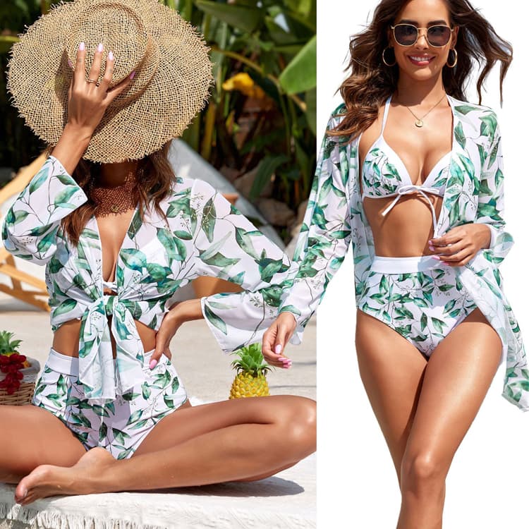 Customized Plant Printed Bikini Triangle High Waist Swimsuit Push up Swimsuit Three Piece Bikini