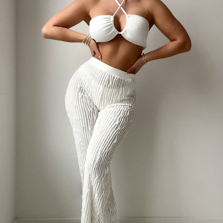 New Solid Color Thread Fabric Bikini Neck Style Bikini Pants Three Piece Set Sexy Swimsuit