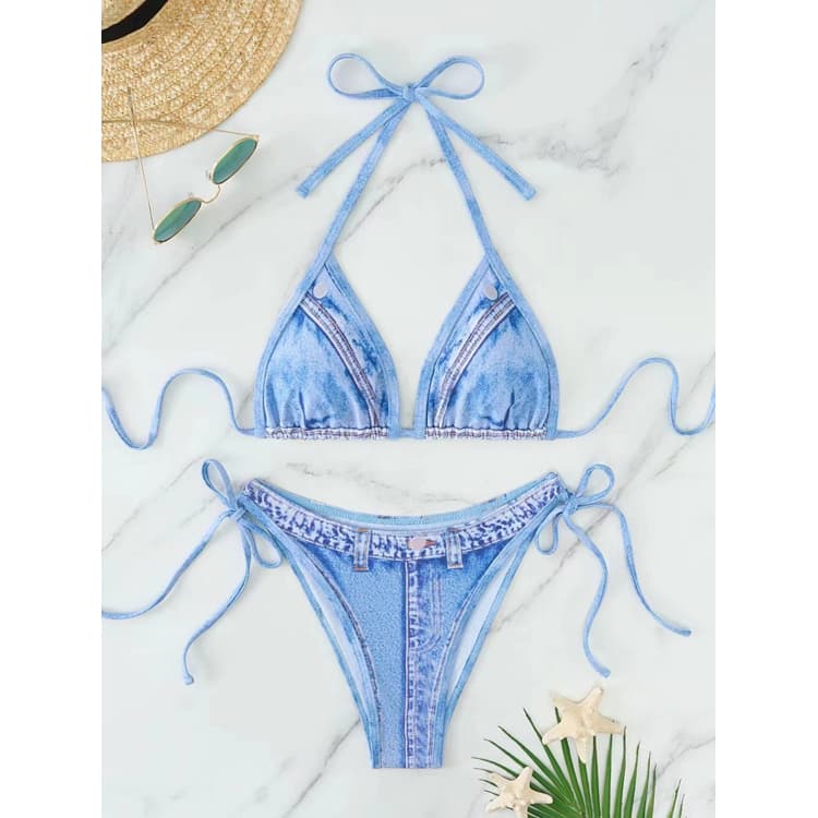 Factory Wholesale Two Piece Bikini Positioning Denim Printed Sexy Backless Swimsuit