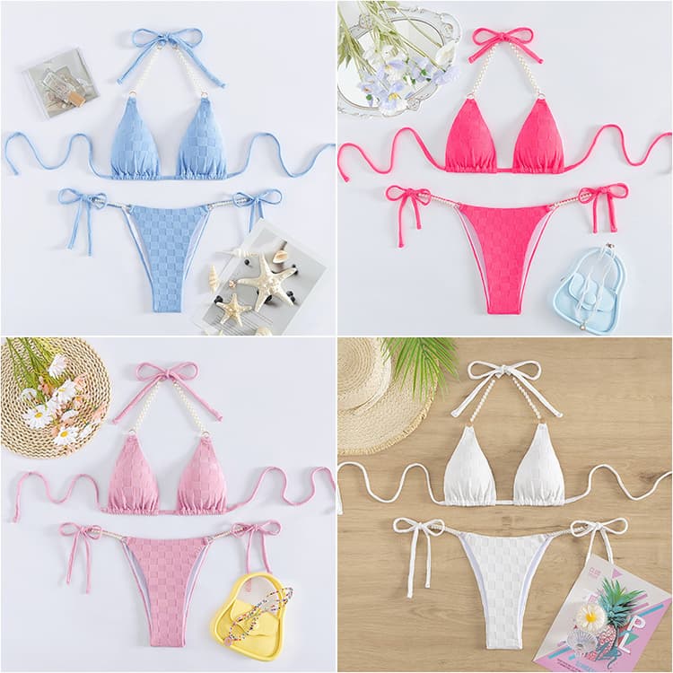 Factory Wholesale Checkerboard Bikini Pearl String Swimsuit Sexy Fresh Girls Swimwear