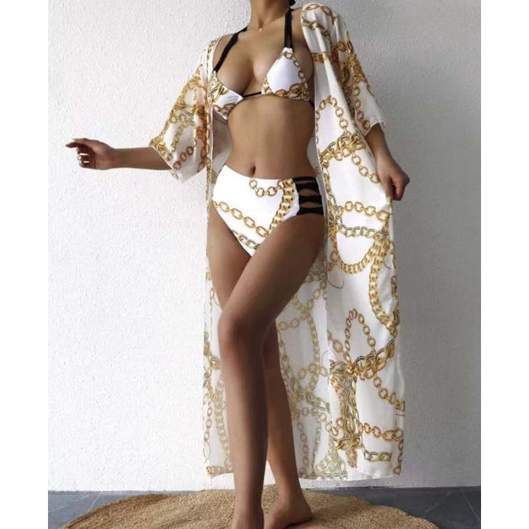 2021 New Arrival Three Piece Bathing Suit Cover up High Waist Beachwear Chain Printing Swimwear