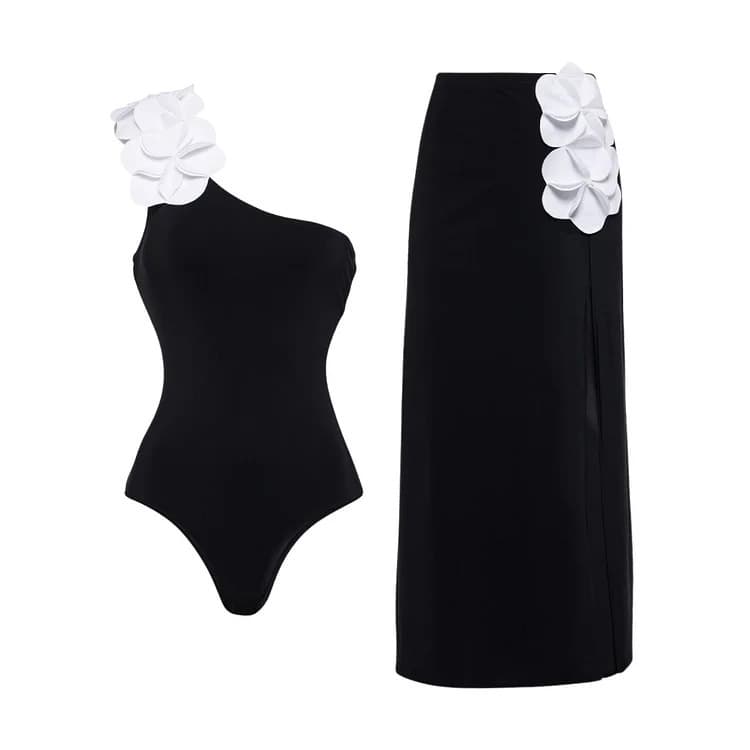 New 3D Floral Bikini Single Shoulder Black and White Swimsuit for Women