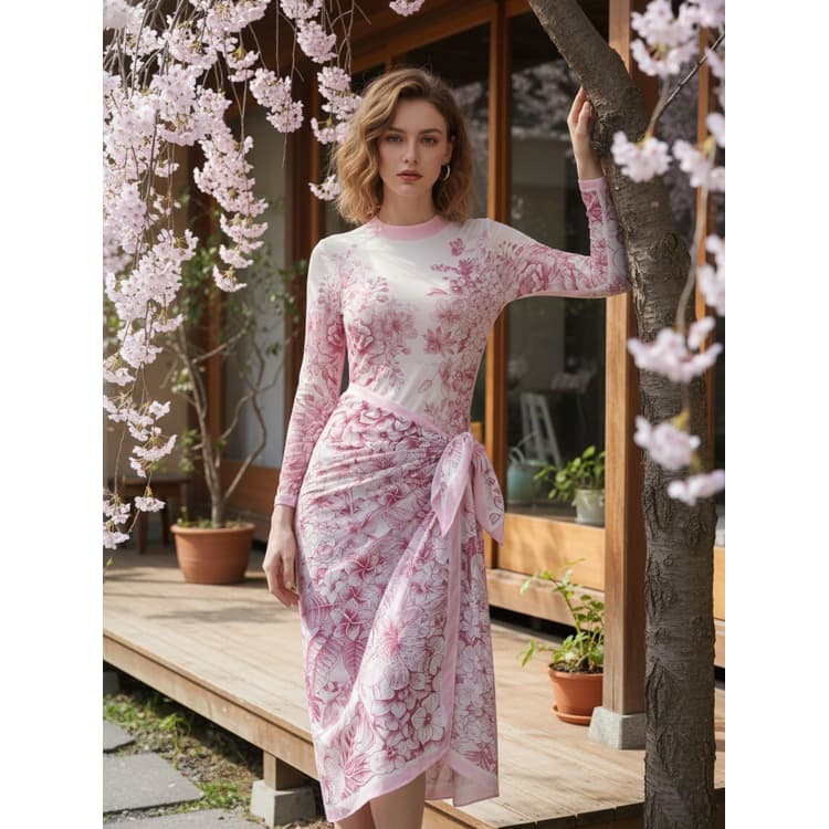 2026 New Floral Print Bikini Elegant Bikini Set Long Sleeved Mesh One Piece Swimsuit for Women