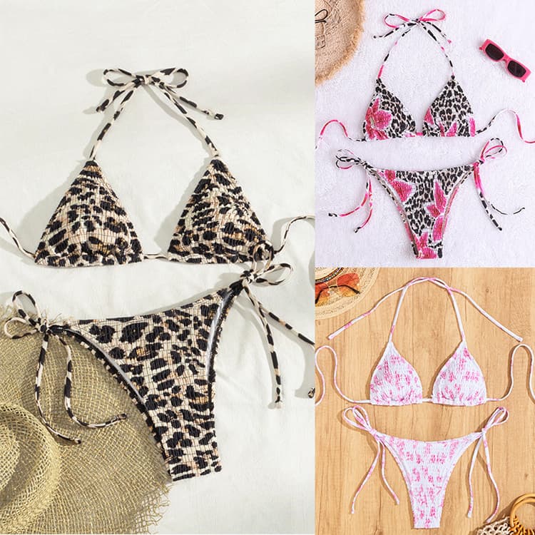 Wholesale Printed Pleated Bikini Leopard Print Swimsuit Sexy Triangle Bikini Swimsuit for Women