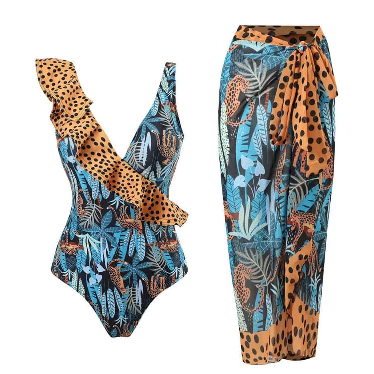 Wholesale Sexy French Swimsuit Beach Skirt Leopard Print Ruffle Bikini