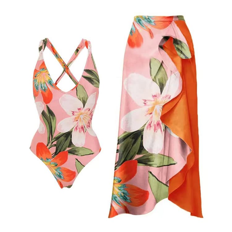 Sexy Fashion One Piece Bikini Two Piece Floral Printed Long Skirt Beach Vacation Swimsuit