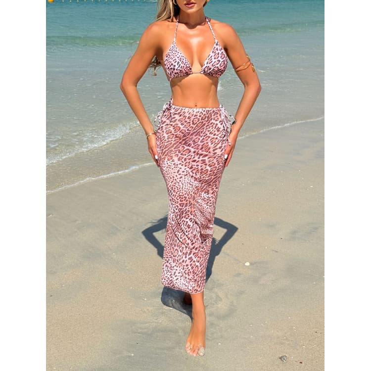 New Mesh Long Skirt Bikini Set Sexy Triangle Swimwear Leopard Print Bikini Swimsuit