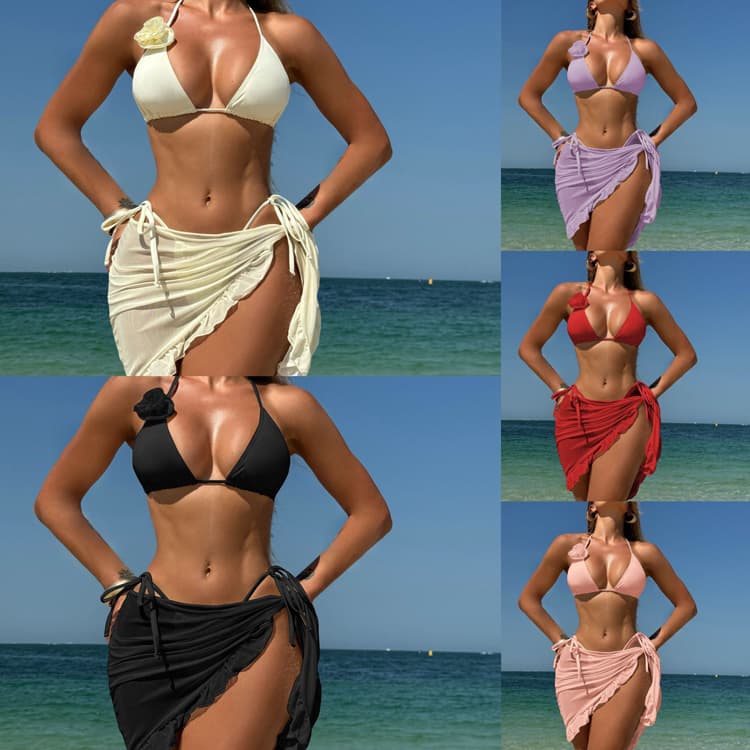 New Solid Color Sexy Rose Bikini Three Piece Mesh Skirt Swimsuit Bikini Set