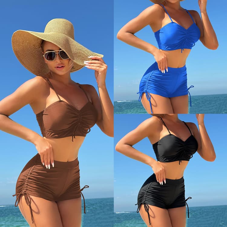 Wholesale Solid Color Tankini Boxer Shorts Swimsuit Drawstring Design Fitness Swimsuit