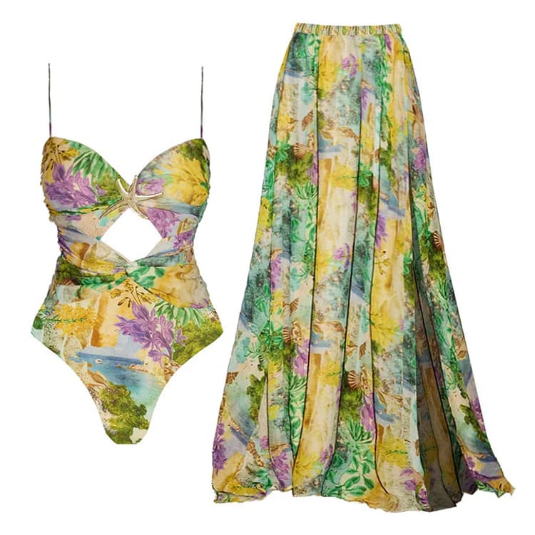 New Starfish Vacation Bikini Floral Print Cutout Swimsuit and Umbrella Skirt Set Fashionable Girls Bikini Set