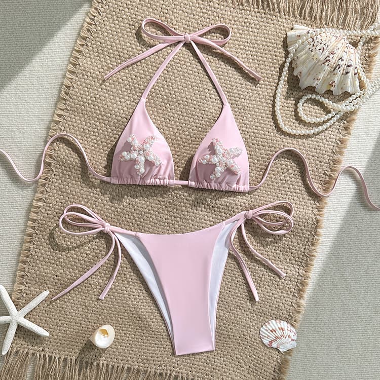 New Pink Halter Neck Bikini Starfish Pearl Bathing Suit Bandage Swimsuit Beachwear