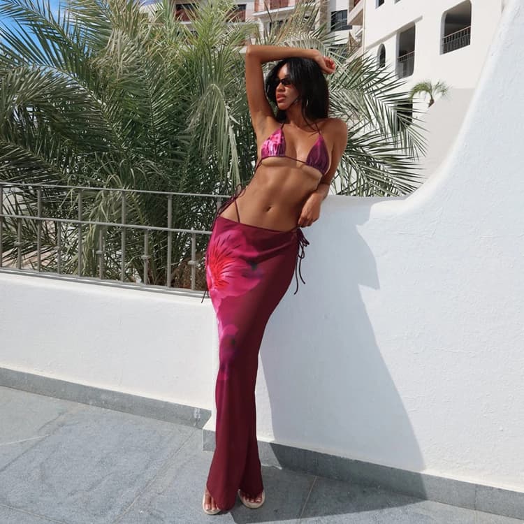 Wholesale 3-Piece Set Bathing Suit Fashion Print Bikini High Waist Swimsuit for Women