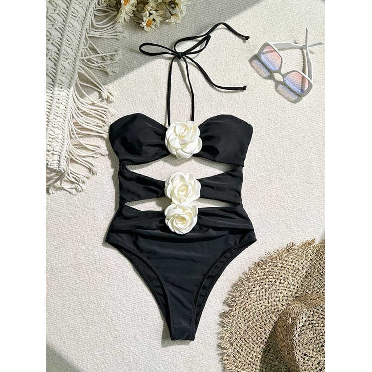 Wholesale Sexy High Waist One Piece Bikini Solid Color Floral Swimsuit Sexy Hollow Vacation Beach Swimsuit