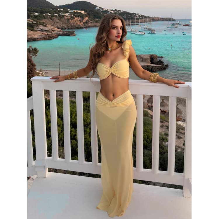 Wholesale Yellow High Waist Half Skirt Bikini Tail Long Skirt Swimsuit Bubble Sleeve Swimsuit Fashion Sexy Bikini Set
