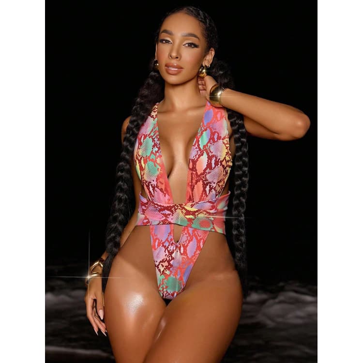 New One Piece Swimsuit for Women Sexy Thing Bikini Cutout Snake Print Bikini Swimwear