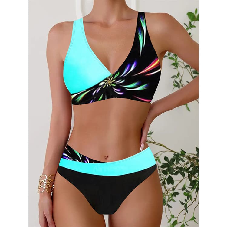 New Plus Print Bikini Sexy V-neck Beach Swimsuit Sports Fitness Swimsuit for Women