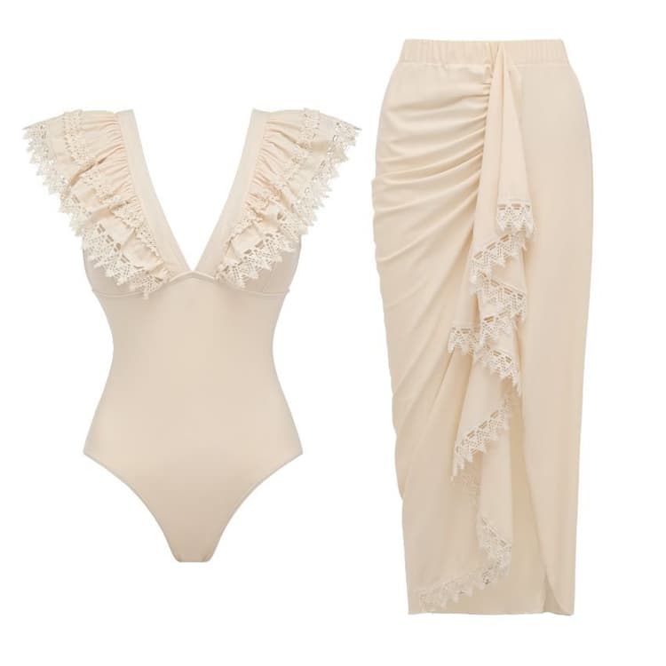 New Fashionable and Sexy One Piece Swimsuit Women Wholesale Slim Fit Solid Color Lace Swimsuit Set