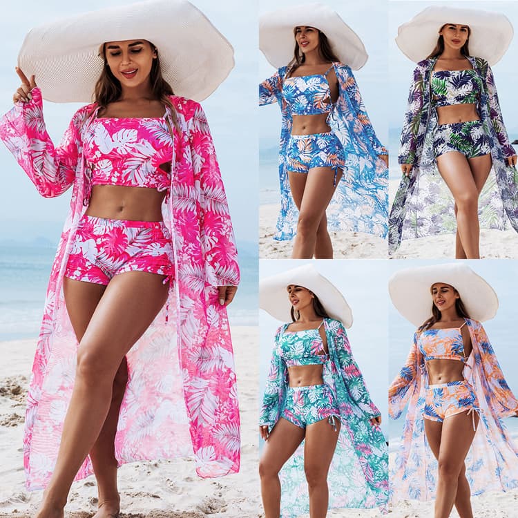 Customized Fashion Sexy Bikini Set Botanical Printed Three Piece Bikini Wholesale Fitness Swimwear Sets