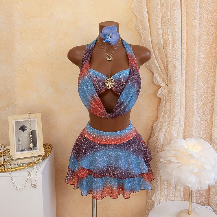 Wholesale Blue Swimsuit Dress Style Gradient Sexy Bikini Snowflake Print Neck Hanging Swimsuit for Women