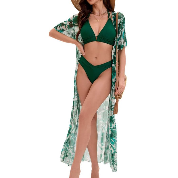 Wholesale Three Kits Bikini Long Cover up Beach Swimwear Botanical Printed Women Swimwear